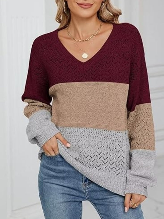 Juliana - Damen Strickpullover mit V-Ausschnitt und Farbblöcken