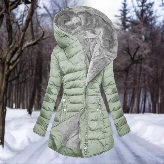 Elena - Damen Winterjacke Steppmantel mit Kapuze und Kunstfellfutter