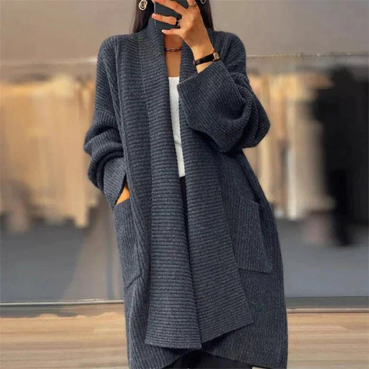 Isabell - Damen Strickjacke lang mit Taschen und offener Front
