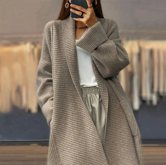 Isabell - Damen Strickjacke lang mit Taschen und offener Front
