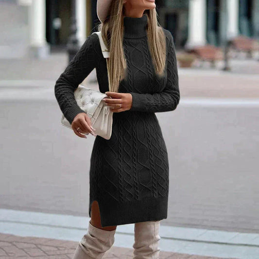 Alina - Damen Strickkleid mit Rollkragen und Zopfmuster