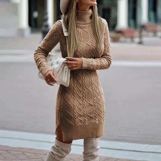 Alina - Damen Strickkleid mit Rollkragen und Zopfmuster