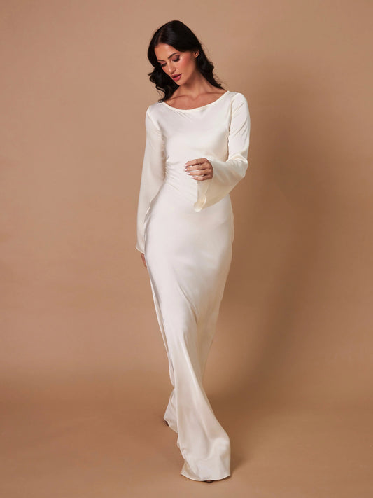 Valeria - Damen Maxikleid elegant langarm figurbetont mit weitem Saum