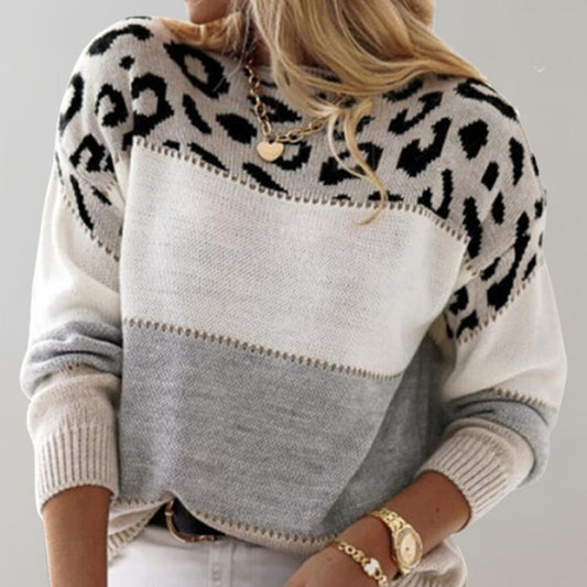 Lara - Damen Pullover Strick Sweater mit Leopardenmuster