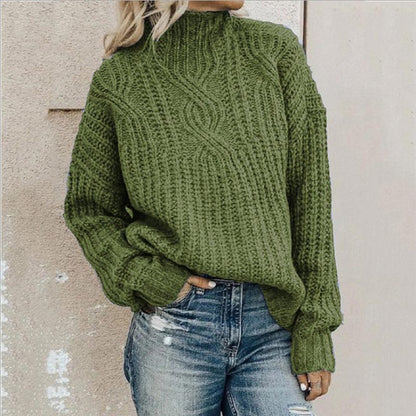 Ella - Damen Strickpullover mit Zopfmuster und Stehkragen