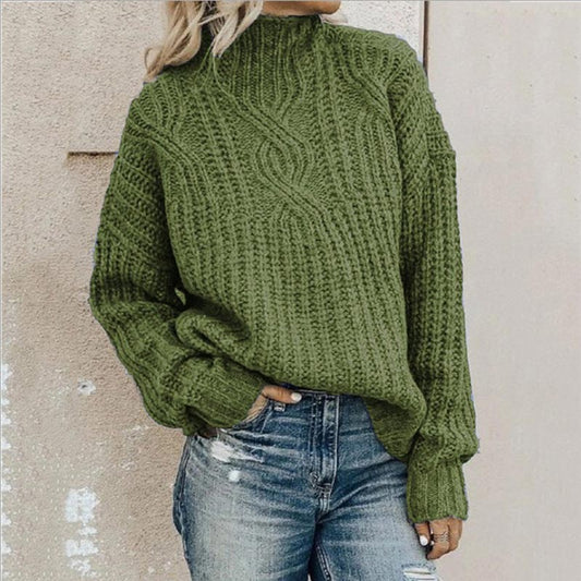 Ella - Damen Strickpullover mit Zopfmuster und Stehkragen