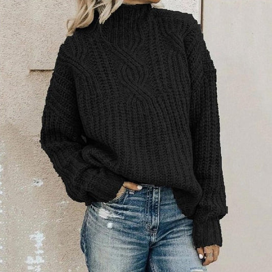 Ella - Damen Strickpullover mit Zopfmuster und Stehkragen