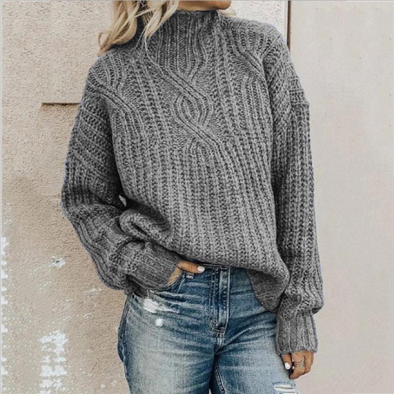 Ella - Damen Strickpullover mit Zopfmuster und Stehkragen