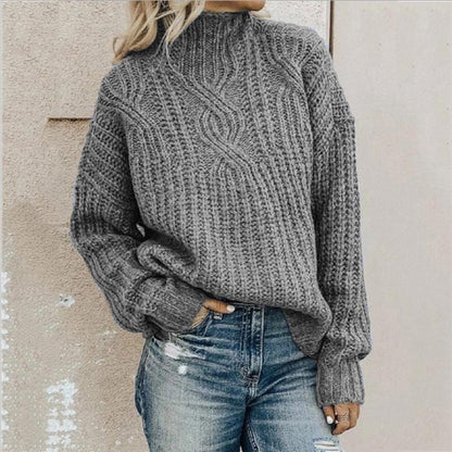 Ella - Damen Strickpullover mit Zopfmuster und Stehkragen
