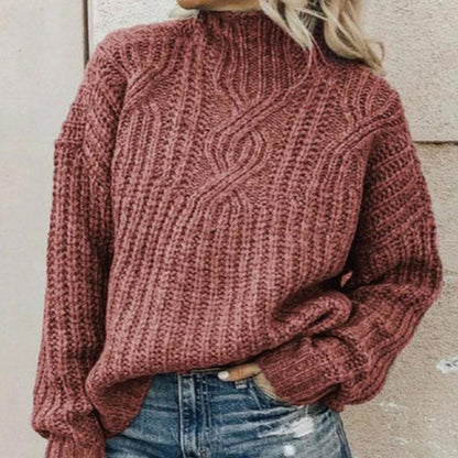 Ella - Damen Strickpullover mit Zopfmuster und Stehkragen