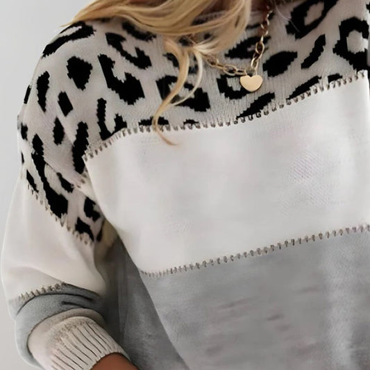 Lara - Damen Pullover Strick Sweater mit Leopardenmuster