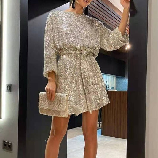 Carla - Damen Pailletten Kleid mit Gürtel