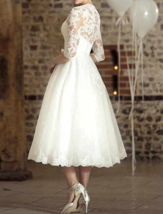 Damen Weiß Lange Ärmel V-Ausschnitt Brautkleid | Midi
