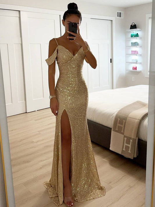 Alina - Pailletten Abendkleid mit Schlitz Damen