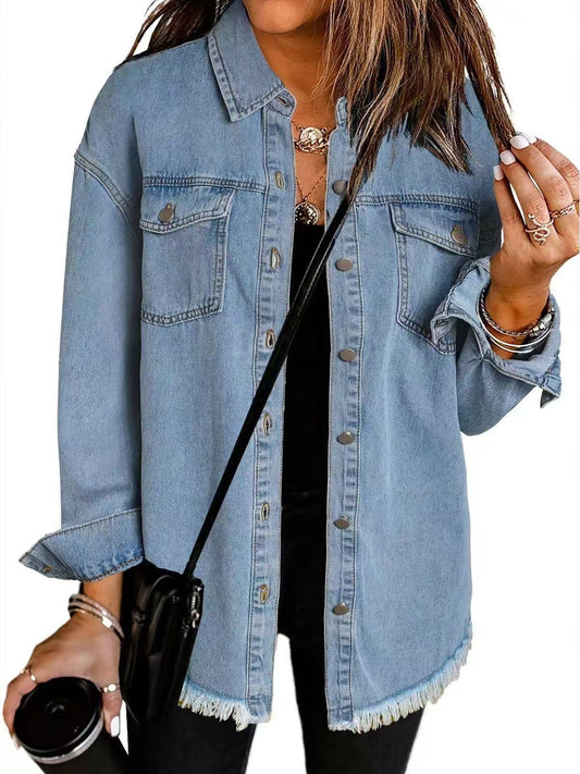 Lara – Jeanshemd Damen mit Knopfleiste und Fransen-Detail