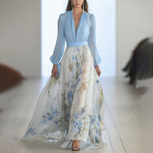 Fenina - Langärmeliges Maxikleid aus geblümtem Chiffon
