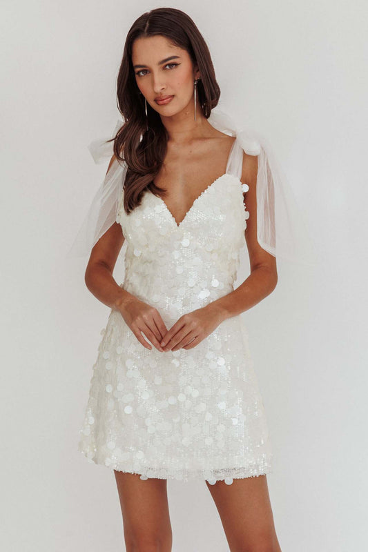 Sophia - Damen Minikleid funkelnd mit V-Ausschnitt und Schleifendetails