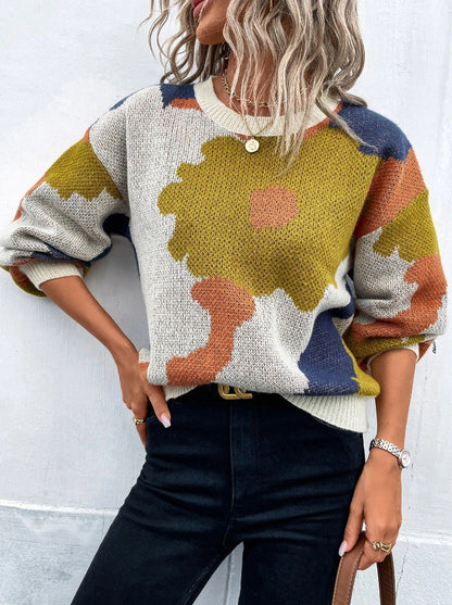 Marisa - Damen Strickpullover mit Blumenmuster und Rundhalsausschnitt