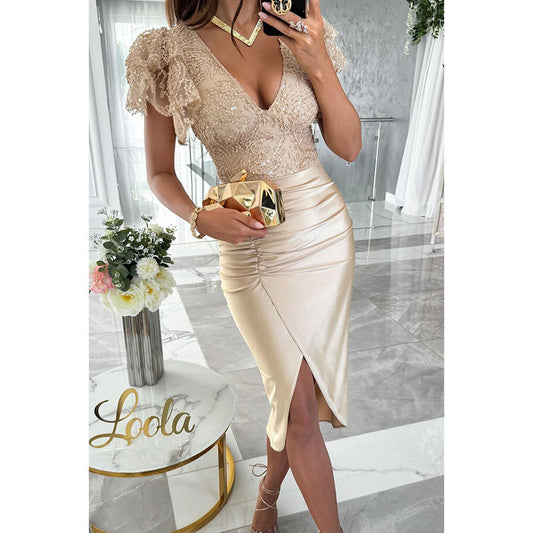 Lara - Vestido midi con encaje y fruncido