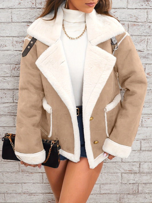 Nyra – Damen Winterjacke mit Teddyfutter und goldenen Knöpfen