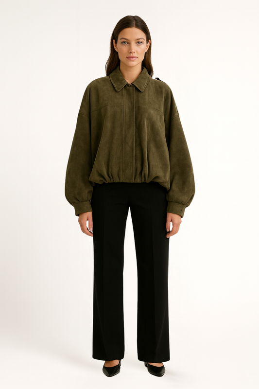 Lena - Oversized Damenjacke in Khaki Wildleder-Optik
