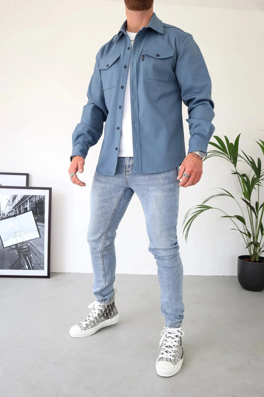 OverShirt - Herren Button-Up Langarm Shirt Jacke mit Brusttaschen-Dunkelgrau-S-Chaps Herrenmode