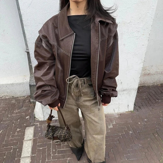 Aurea – Oversize Lederjacke im Retro-Look