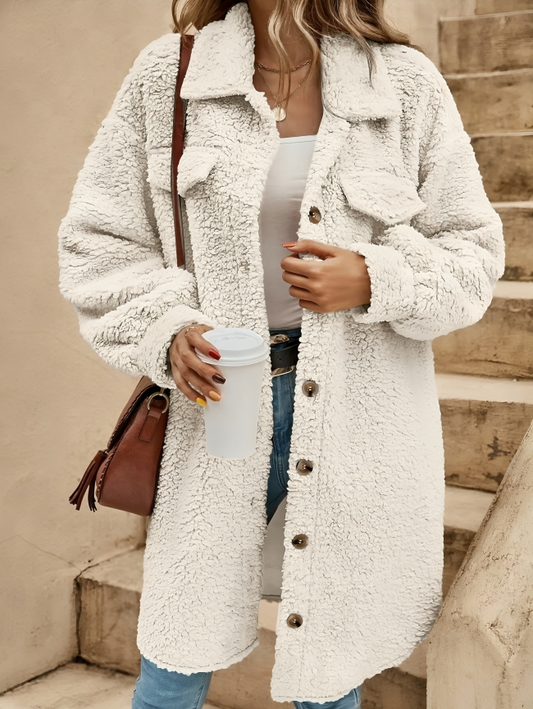 Liora - Damen Teddy Mantel mit Knöpfen und Brusttaschen