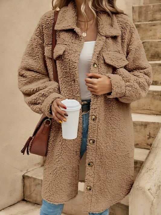 Liora - Damen Teddy Mantel mit Knöpfen und Brusttaschen