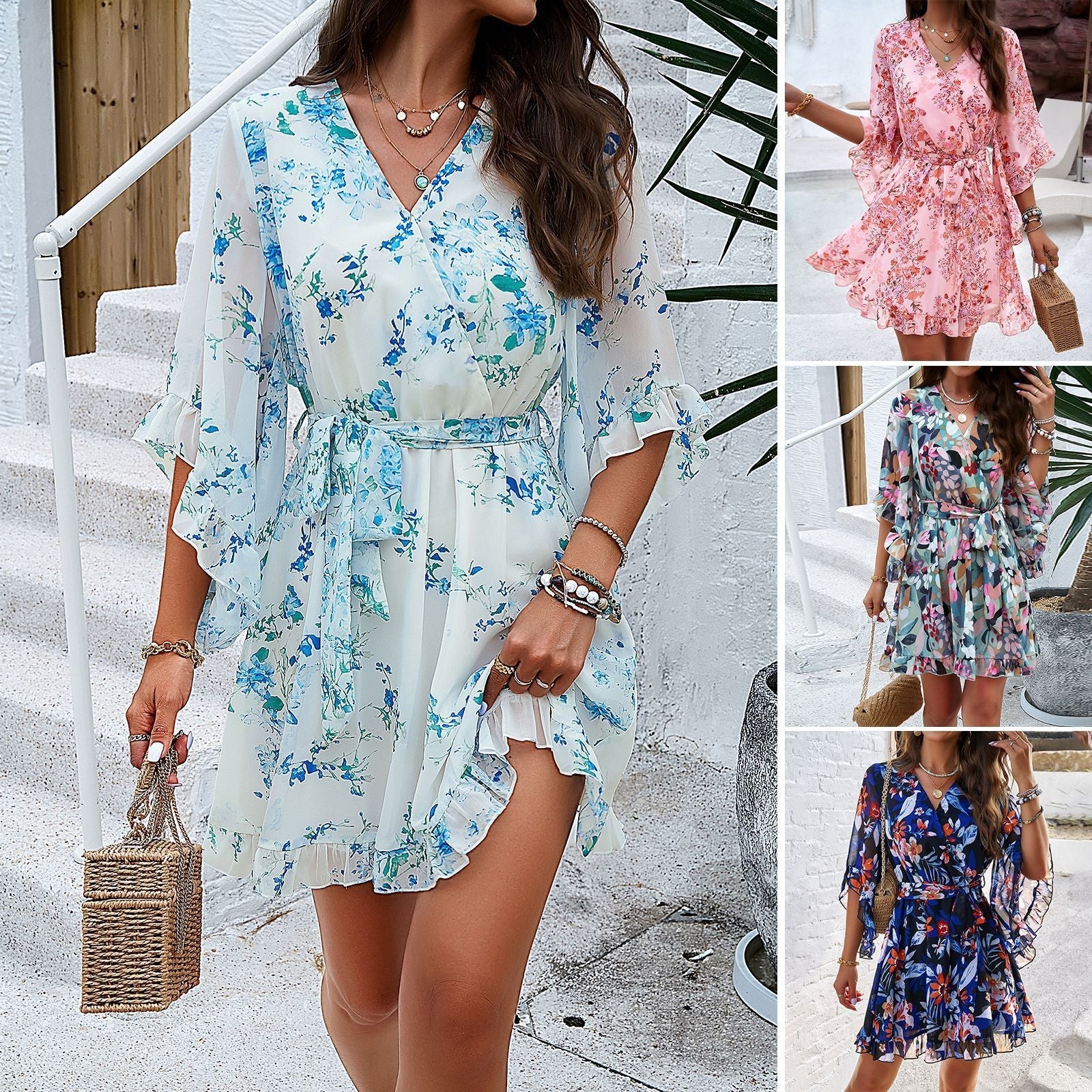 Alicia | Glamour Verano Estampado Floral Vestido Manga Corta Encaje