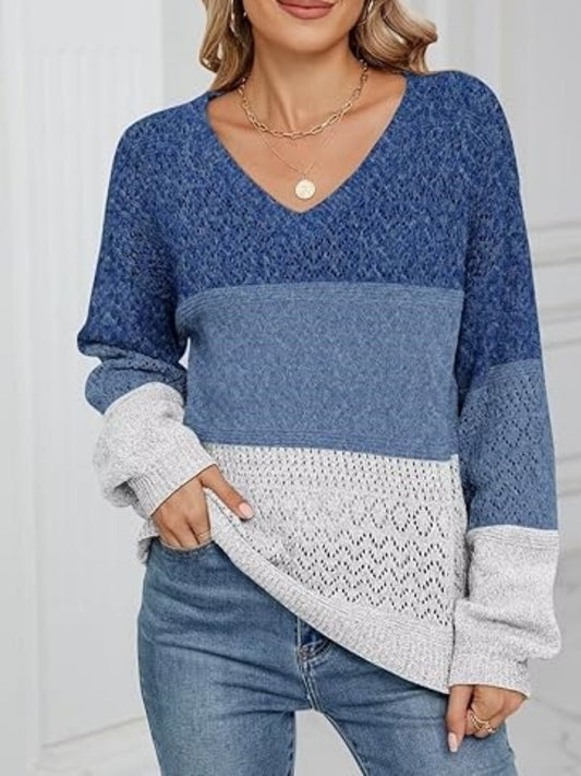 Juliana - Damen Strickpullover mit V-Ausschnitt und Farbblöcken