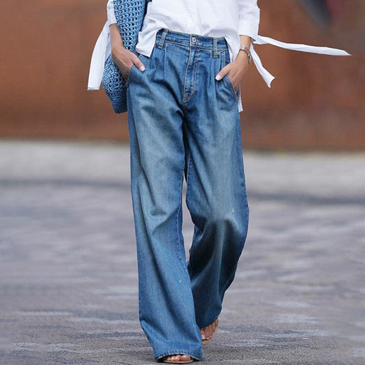 Mira - Damen Jeans Hose Wide Leg High Waist mit Falten