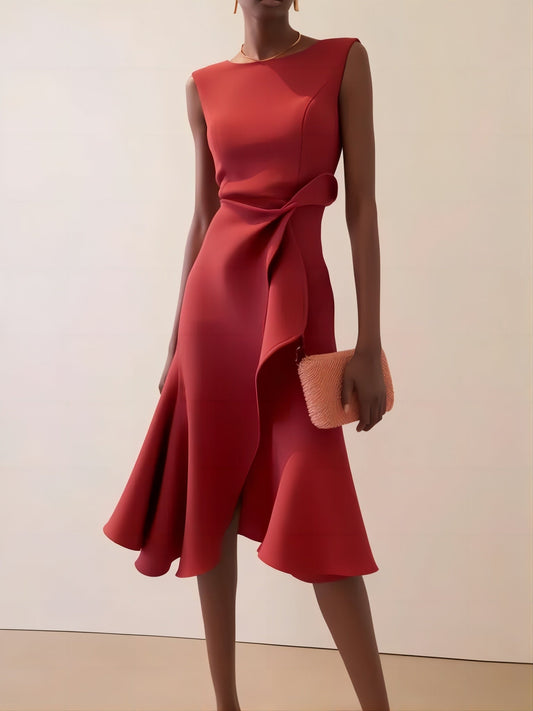 Alicia - Rotes ärmelloses Midikleid mit gerüschten Ärmeln