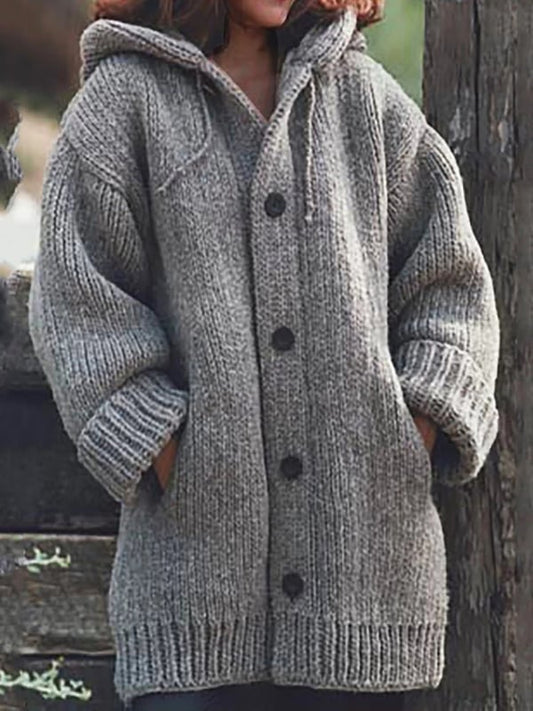 Marla – Damen Strickjacke mit Kapuze und Knopfleiste Winter Warm