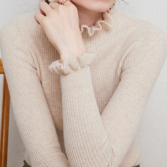Amelie - Damen Strickpullover Slim Fit mit Rüschenkragen