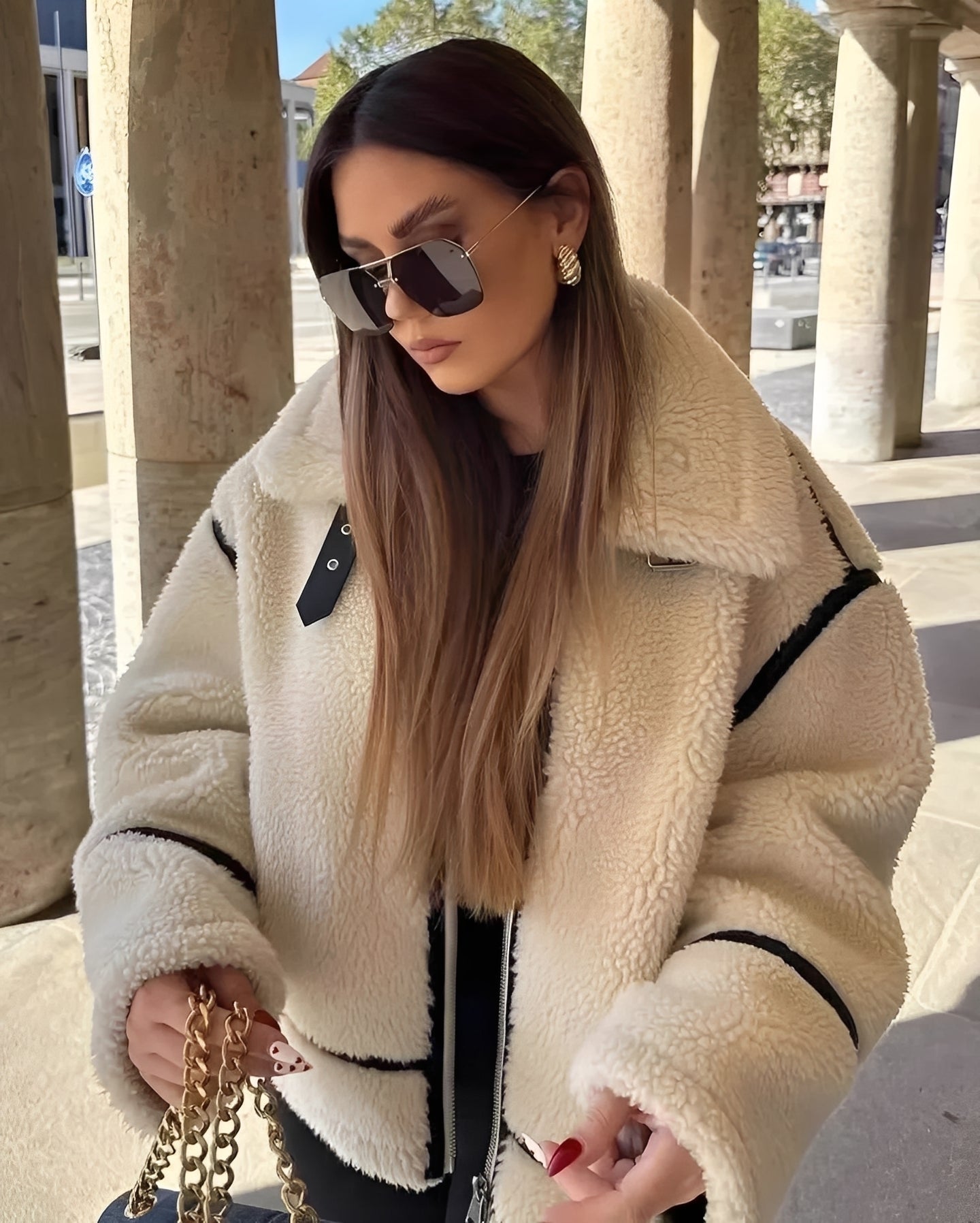 Clara – Oversized Shearling-Inspired Aviator Jacket for Women