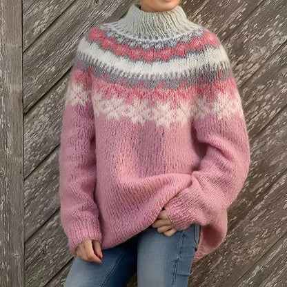 Freya – Damen Strickpullover mit Norwegermuster und hohem Kragen