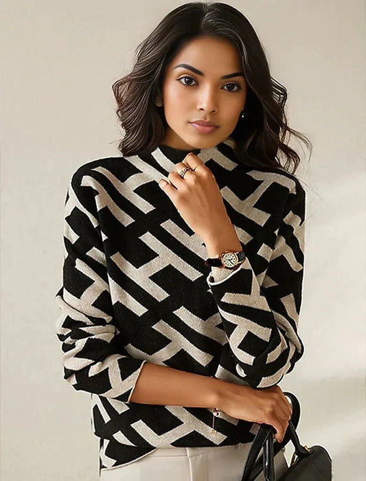 Adele – Damen Strickpullover mit geometrischem Muster und Stehkragen