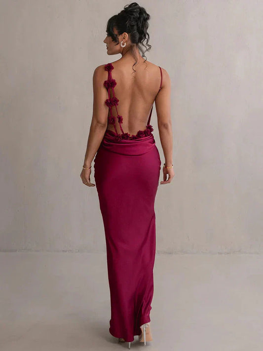 Adriana - Damen Abendkleid rückenfrei mit Blumenapplikationen