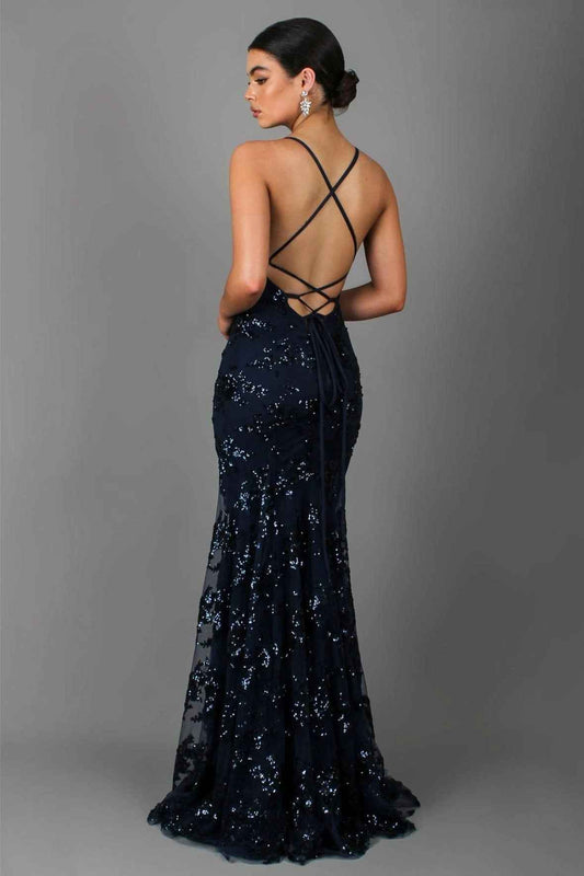Isabella – Damen Abendkleid lang mit Pailletten und V-Ausschnitt
